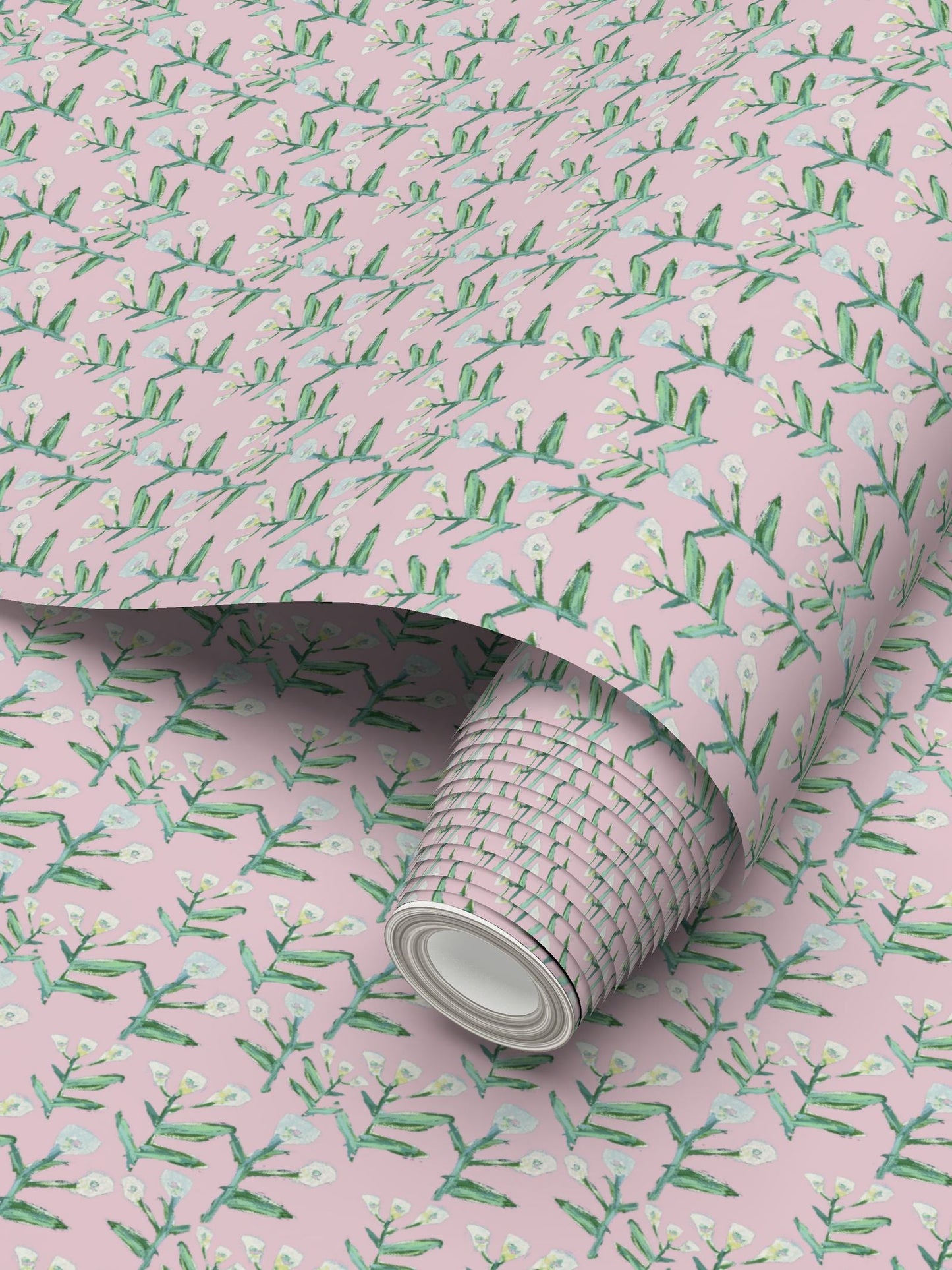Sydney Wallpaper Tulip Pink pattern with green stems and white blooms Erin Donahue Tice on Tampa Home & Garden Store