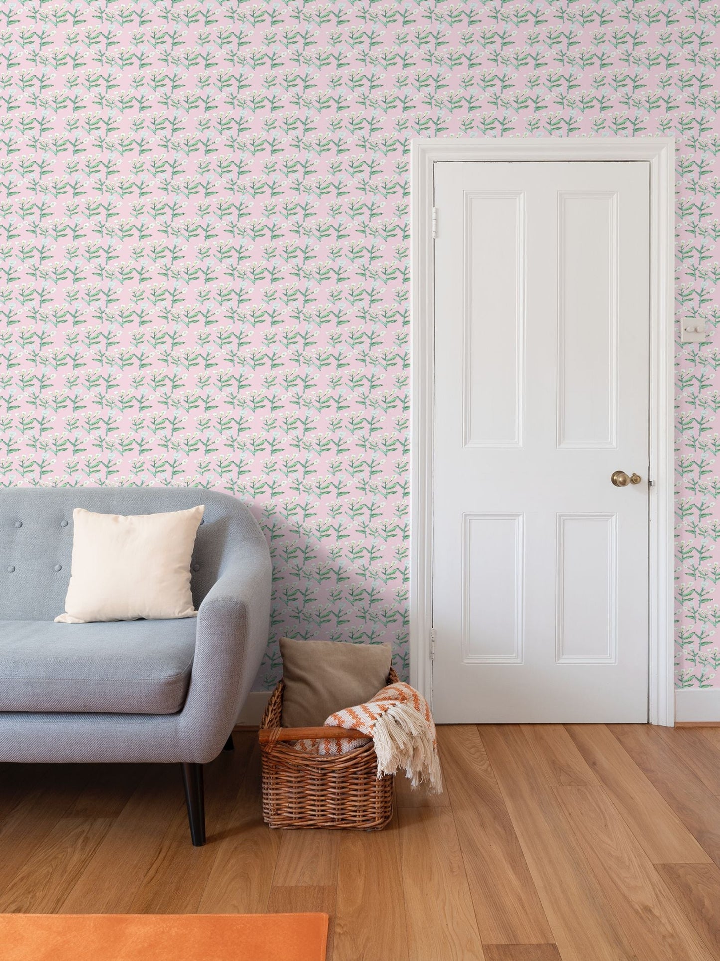 Sydney Pink Tulip Wallpaper by Erin Donahue Tice, pink background with green stems on Tampa Home & Garden Store