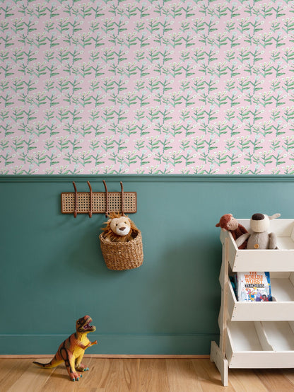 Sydney Wallpaper Tulip Pink by Erin Donahue Tice, repeat wallpaper with pink floral pattern on Tampa Home & Garden Store