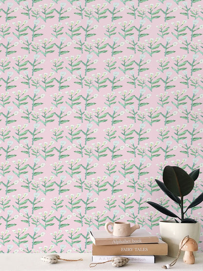 Sydney Wallpaper Tulip Pink; green stems with white blossoms on pink by Erin Donahue Tice on Tampa Home & Garden Store