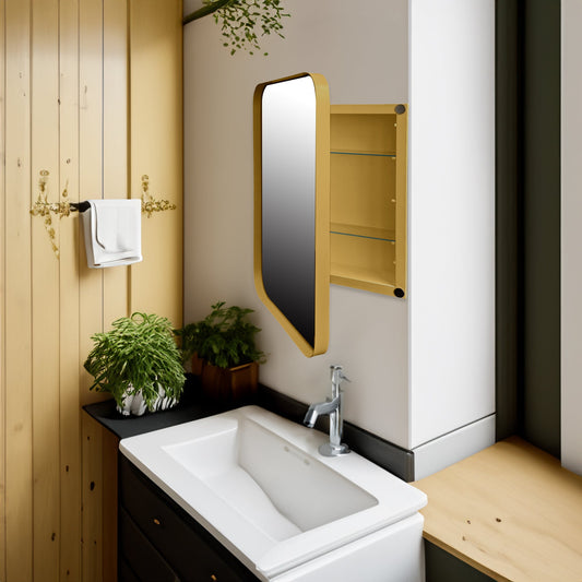 16x24 inch embedded metal medicine cabinet matte gold with mirror door above dual sinks on Tampa Home & Garden Store