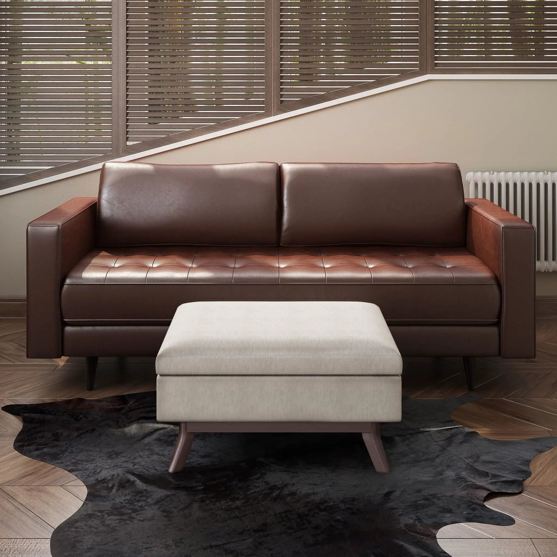 Owen upholstered rectangular storage ottoman in beige fabric by Unique Piece Furniture, paired with a brown leather sofa on Tampa Home & Garden Store