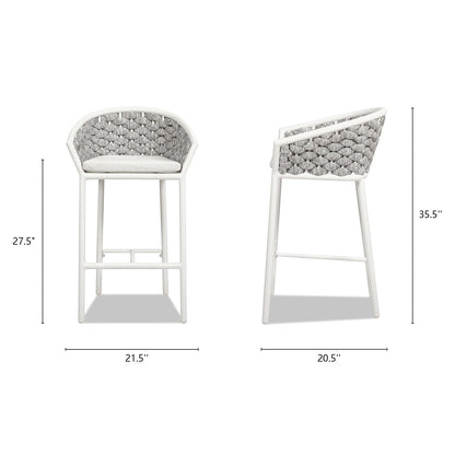 Optic White Rope Barrel Low Back Patio Counter Stool Set of 2, white frame with gray woven rope on Tampa Home & Garden Store
