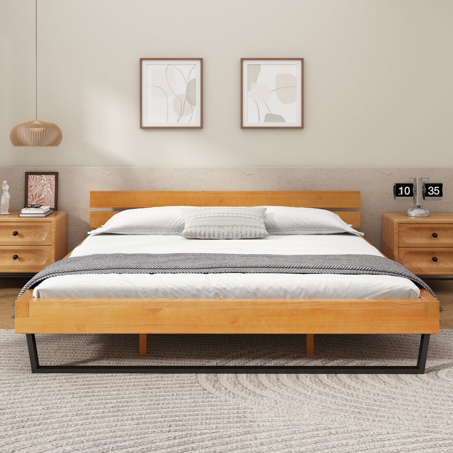 Solid Pine Wood Bed Frame and Black Accents