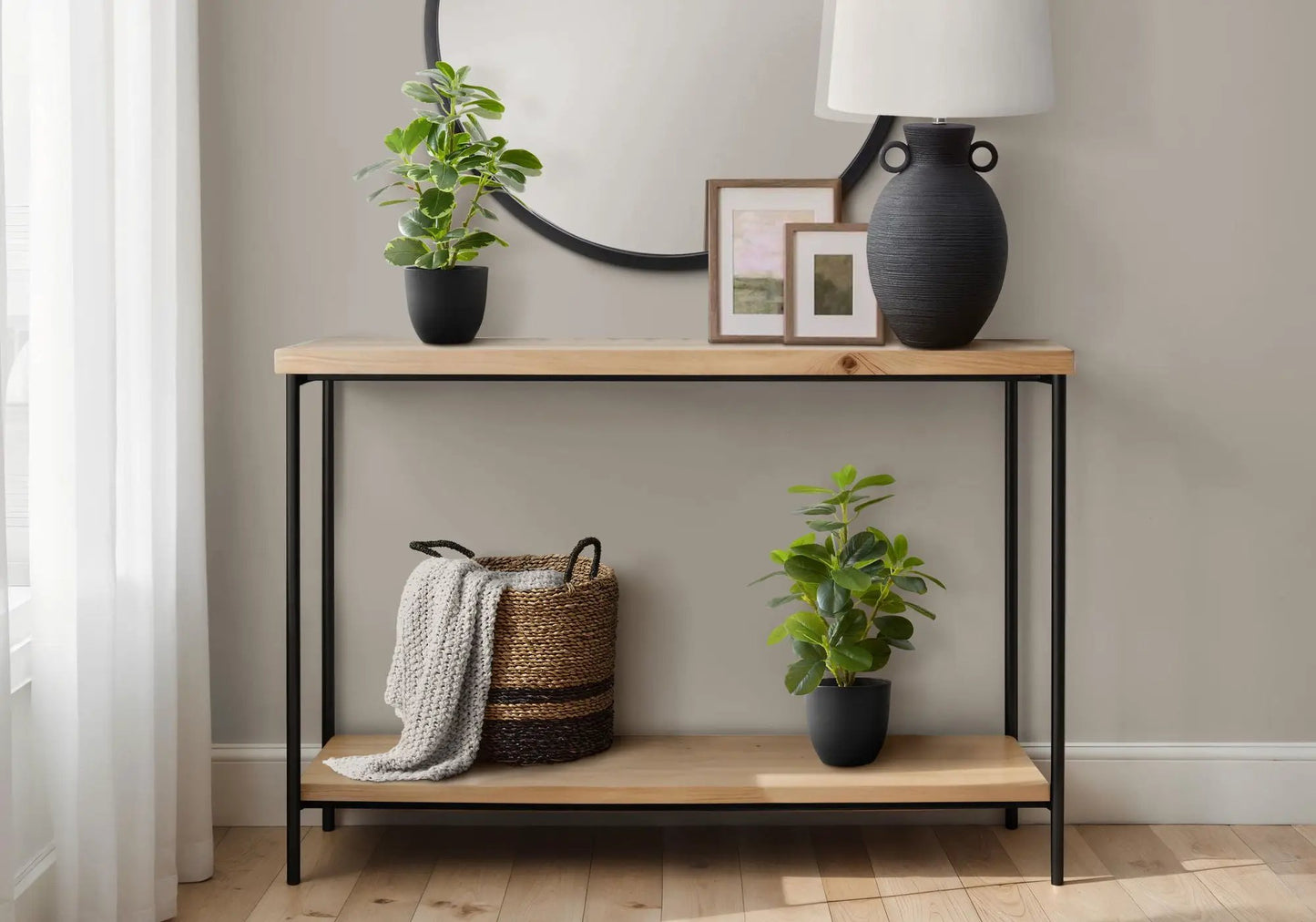 Ficus artificial plants set of 2 in black pots with green leaves on a wood console table on Tampa Home & Garden Store