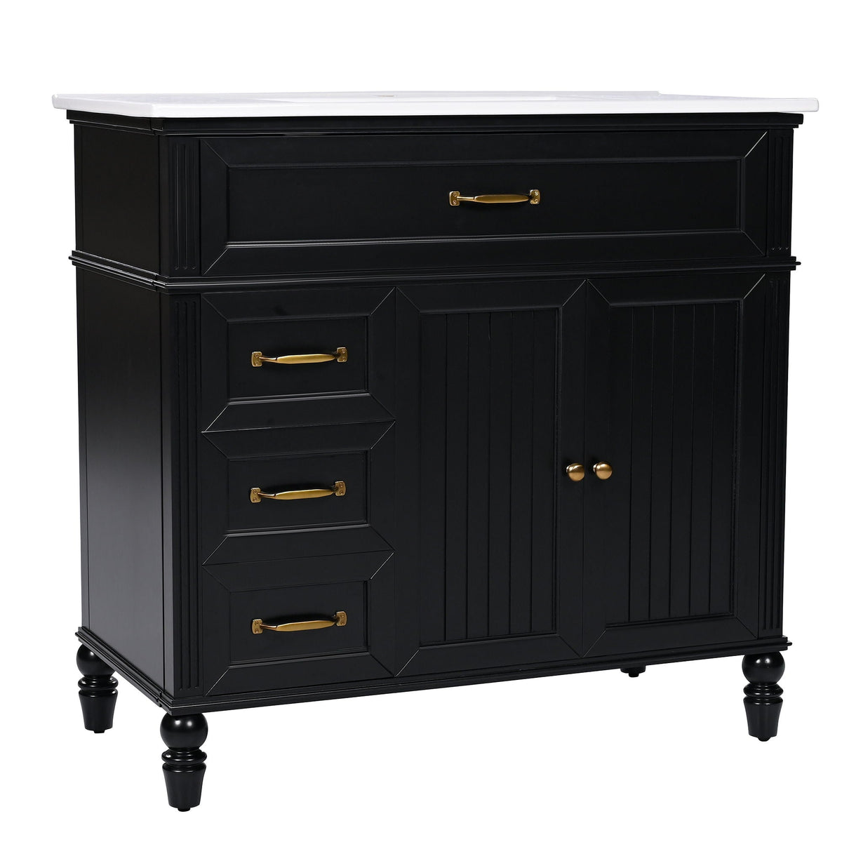 Bathroom vanity with sink and drawers, black freestanding cabinet with white countertop on Tampa Home & Garden Store