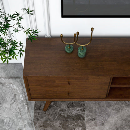 Dark brown solid wood TV stand for 72 in with brass candelabra decor on top HouseOfZazla on Tampa Home & Garden Store