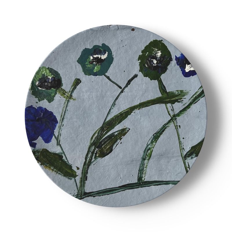 China plate by Erin Donahue Tice in blue and teal posey pattern on pale blue background on Tampa Home & Garden Store