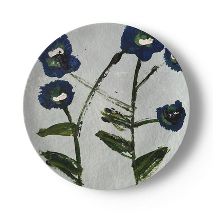 China plate set in blue and teal posey pattern by Erin Donahue Tice on gray background on Tampa Home & Garden Store