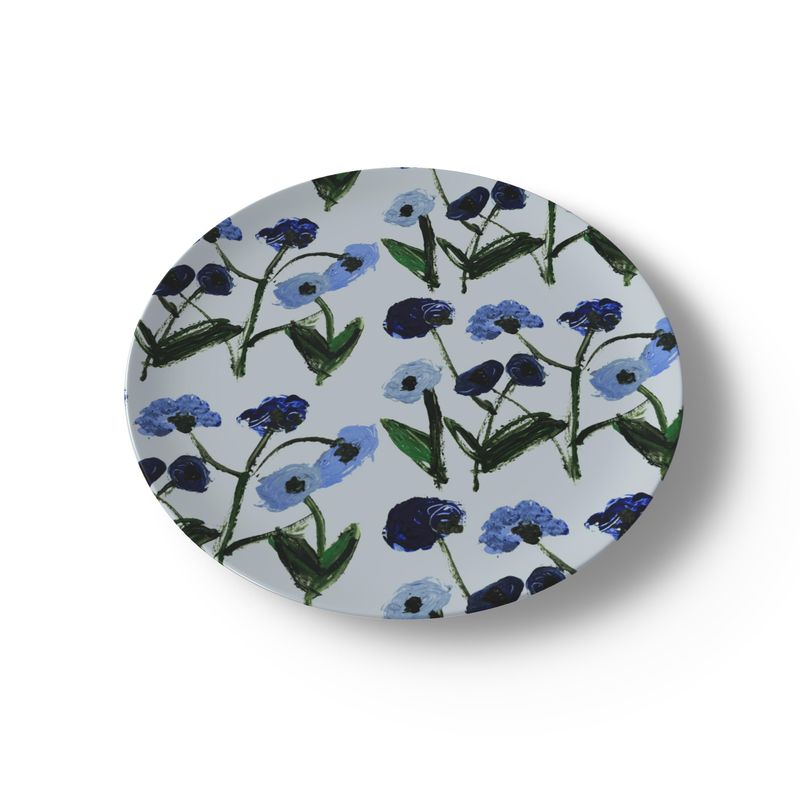 China plate by Erin Donahue Tice with blue posey floral pattern, round ceramic dish on Tampa Home & Garden Store