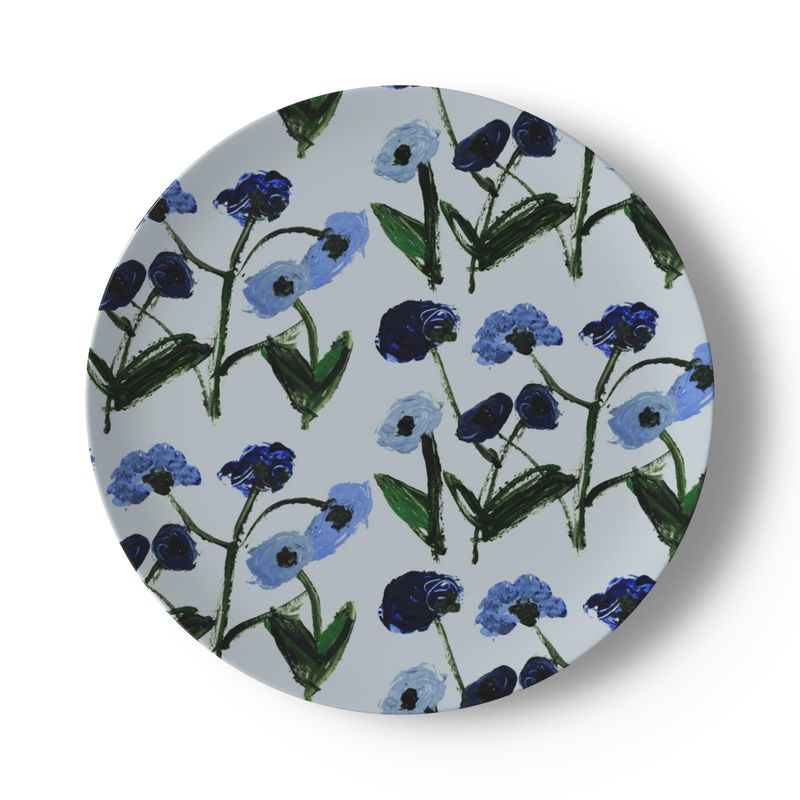Blue Posey China plate by Erin Donahue Tice, plate with floral stems on pale blue background on Tampa Home & Garden Store