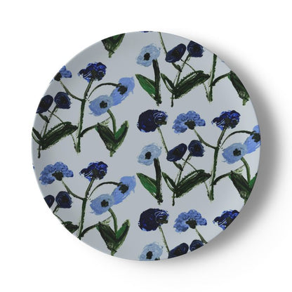 Blue Posey China plate by Erin Donahue Tice, plate with floral stems on pale blue background on Tampa Home & Garden Store