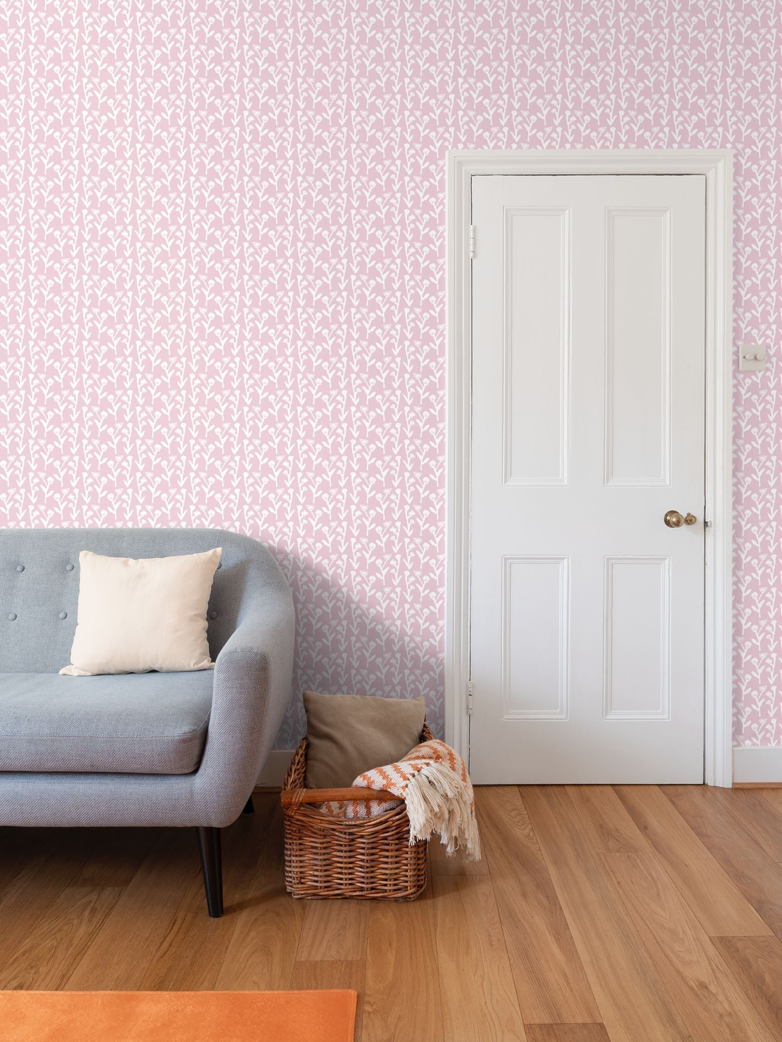 Ivy Manor Wallpaper Ballet repeat pattern by Erin Donahue Tice in soft pink and white on Tampa Home & Garden Store