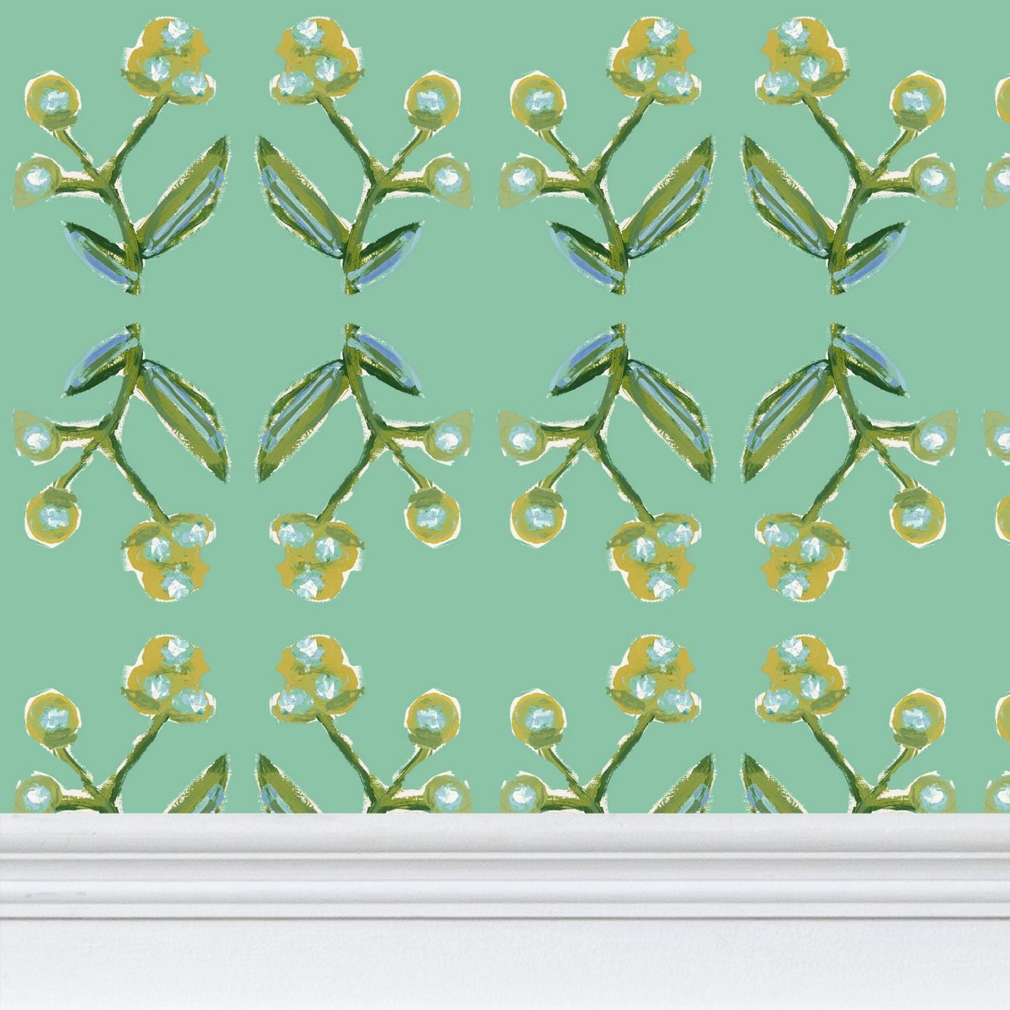 Antonia Wallpaper repeat pattern Green & Citron with botanical stems and yellow buds on Tampa Home & Garden Store