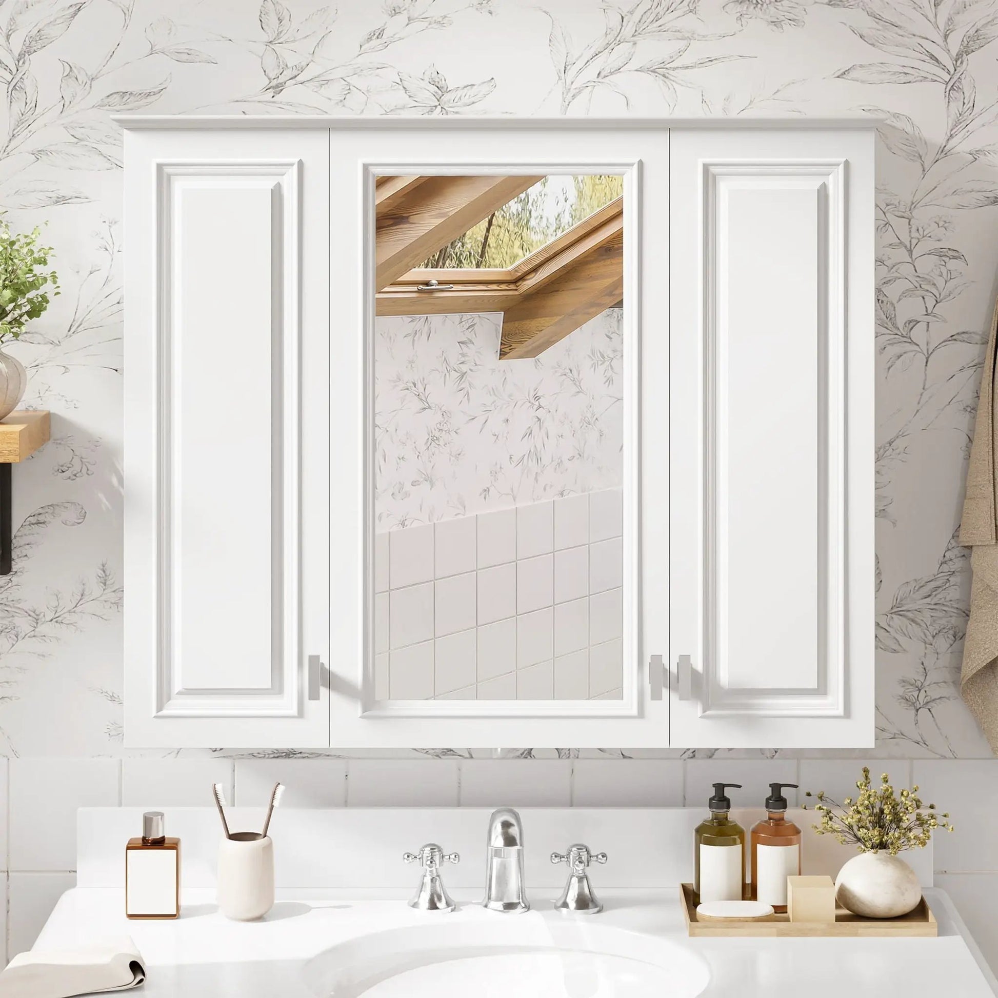 White wall-mounted medicine cabinet with three doors and central mirrored panel, 5 shelves on Tampa Home & Garden Store