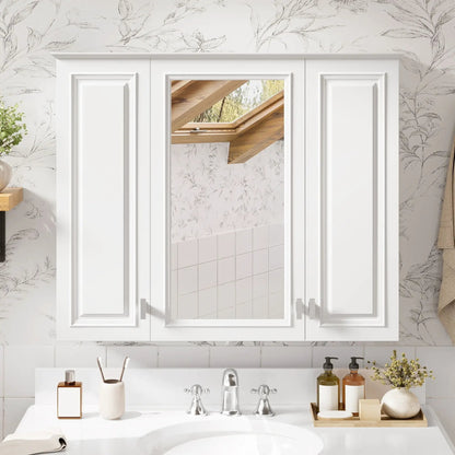 White wall-mounted medicine cabinet with three doors and central mirrored panel, 5 shelves on Tampa Home & Garden Store