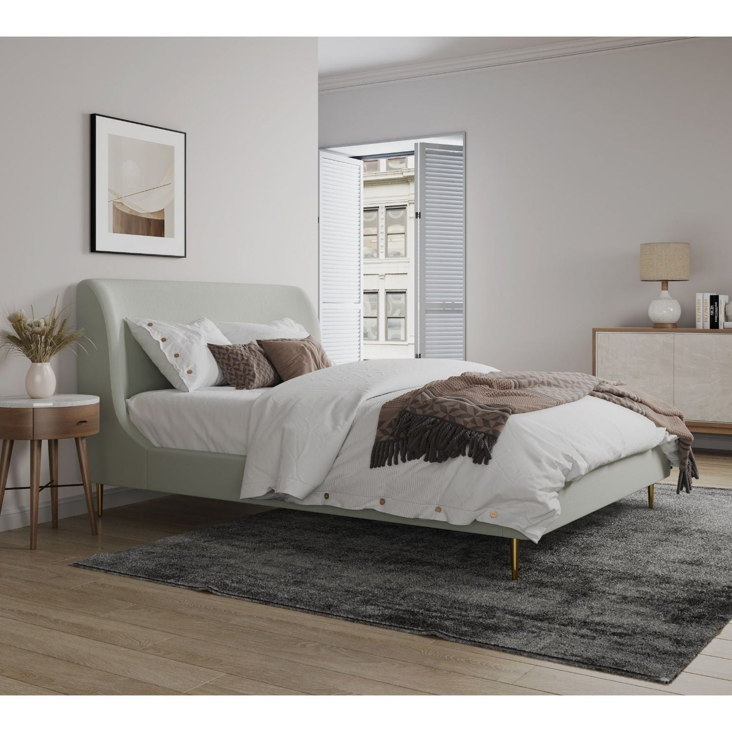 Heather upholstered bed with curved headboard in mint-green fabric by HouseOfZazla on Tampa Home & Garden Store