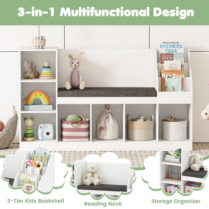 Kids Bookcase with Reading Nook 3-in-1 Standing Toy Organizer-White