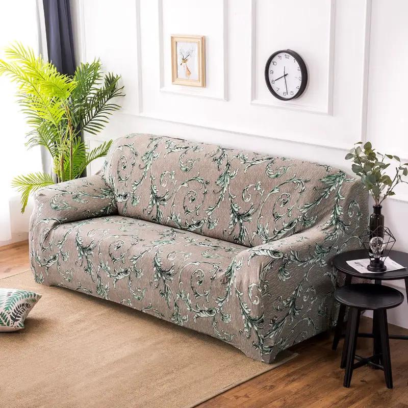 Stretch sofa cover beige fabric with green botanical vine pattern by FLIPSTYLEZLLC on Tampa Home & Garden Store