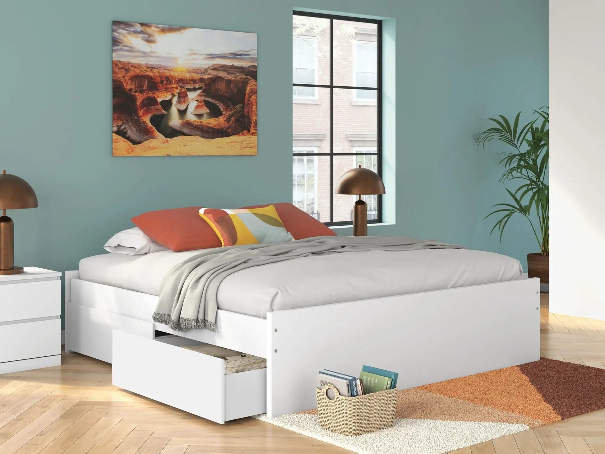 Onita platform storage bed in white with open drawer in a teal bedroom on Tampa Home & Garden Store