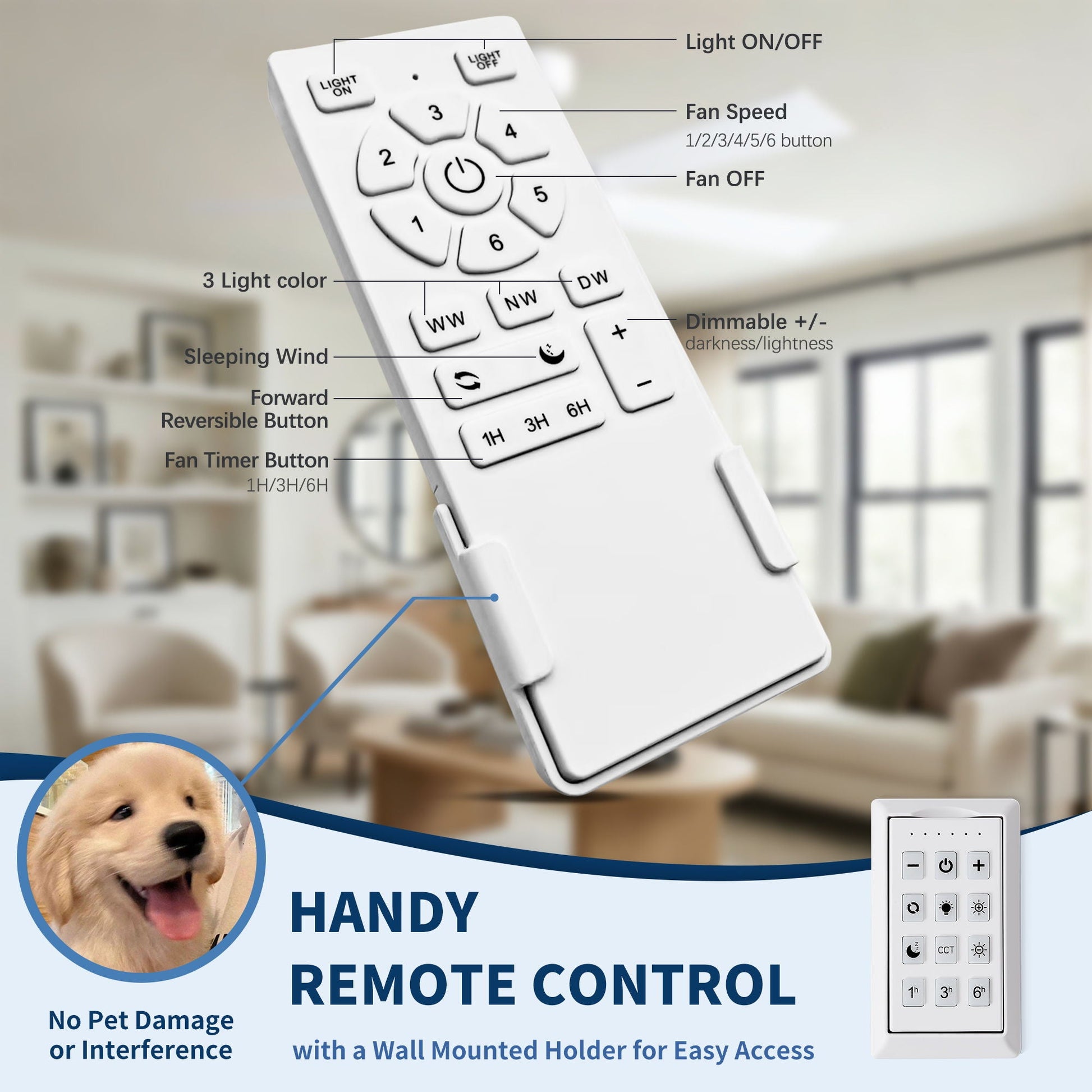 HouseOfZazla ceiling fan remote control, white handheld with Light On/Off and fan speed buttons on Tampa Home & Garden Store