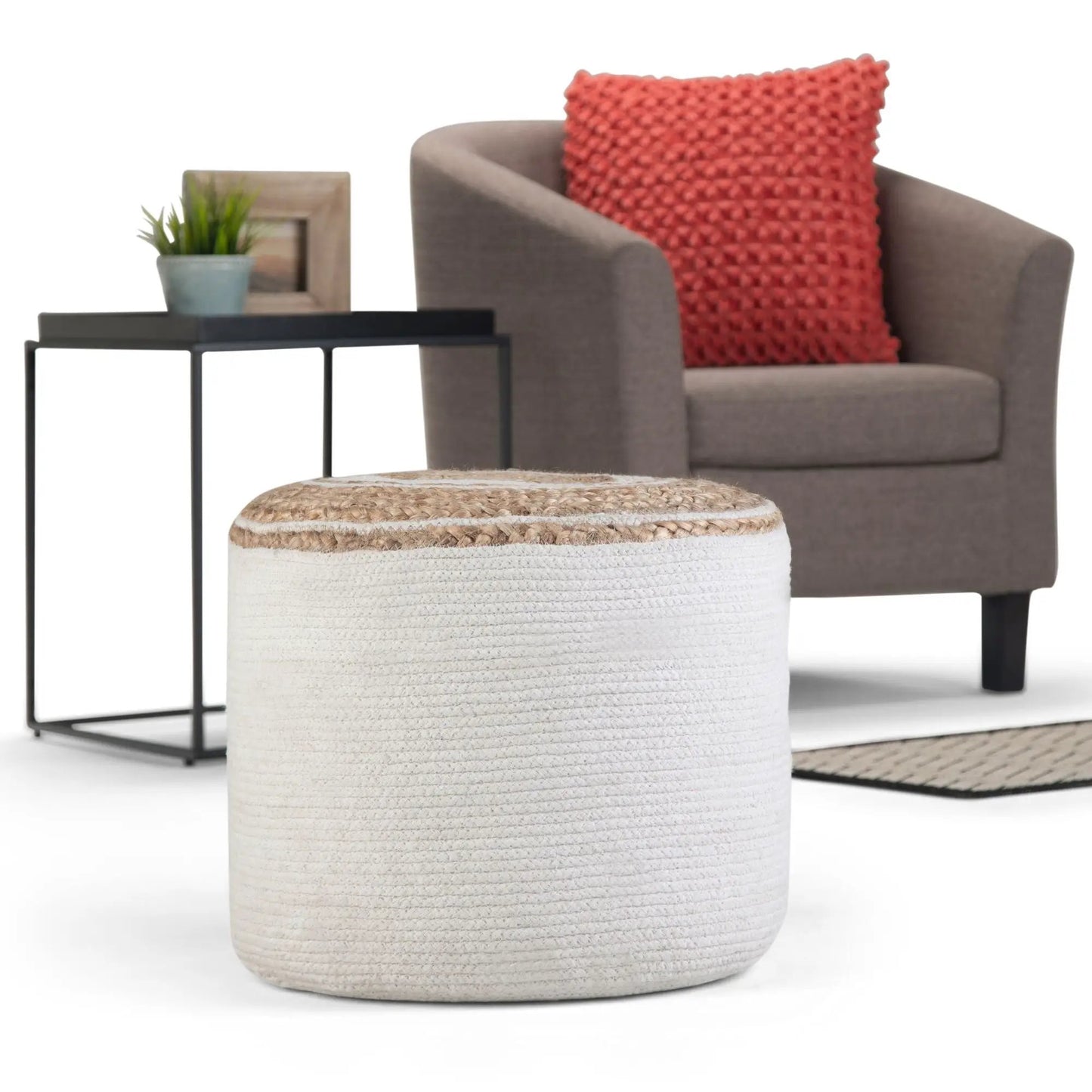 Serena - Handcrafted Round Braided Pouf, ivory woven accent pouf Unique Piece Furniture on Tampa Home & Garden Store