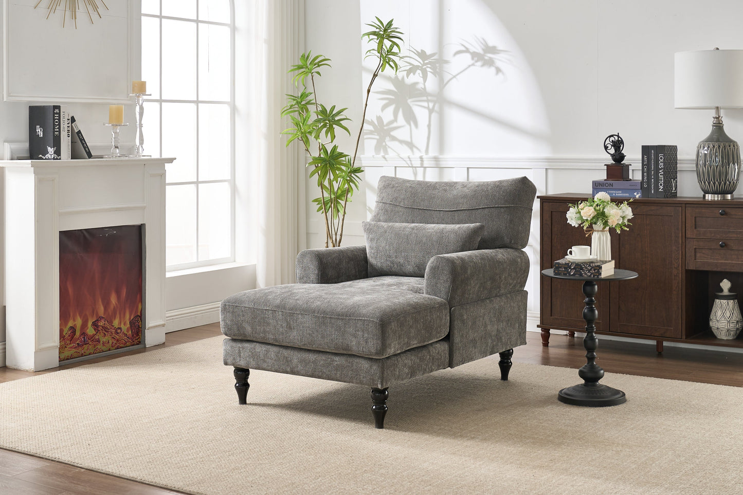 Modern grey upholstered chaise lounge recliner by HouseOfZazla accent chair in living room on Tampa Home & Garden Store