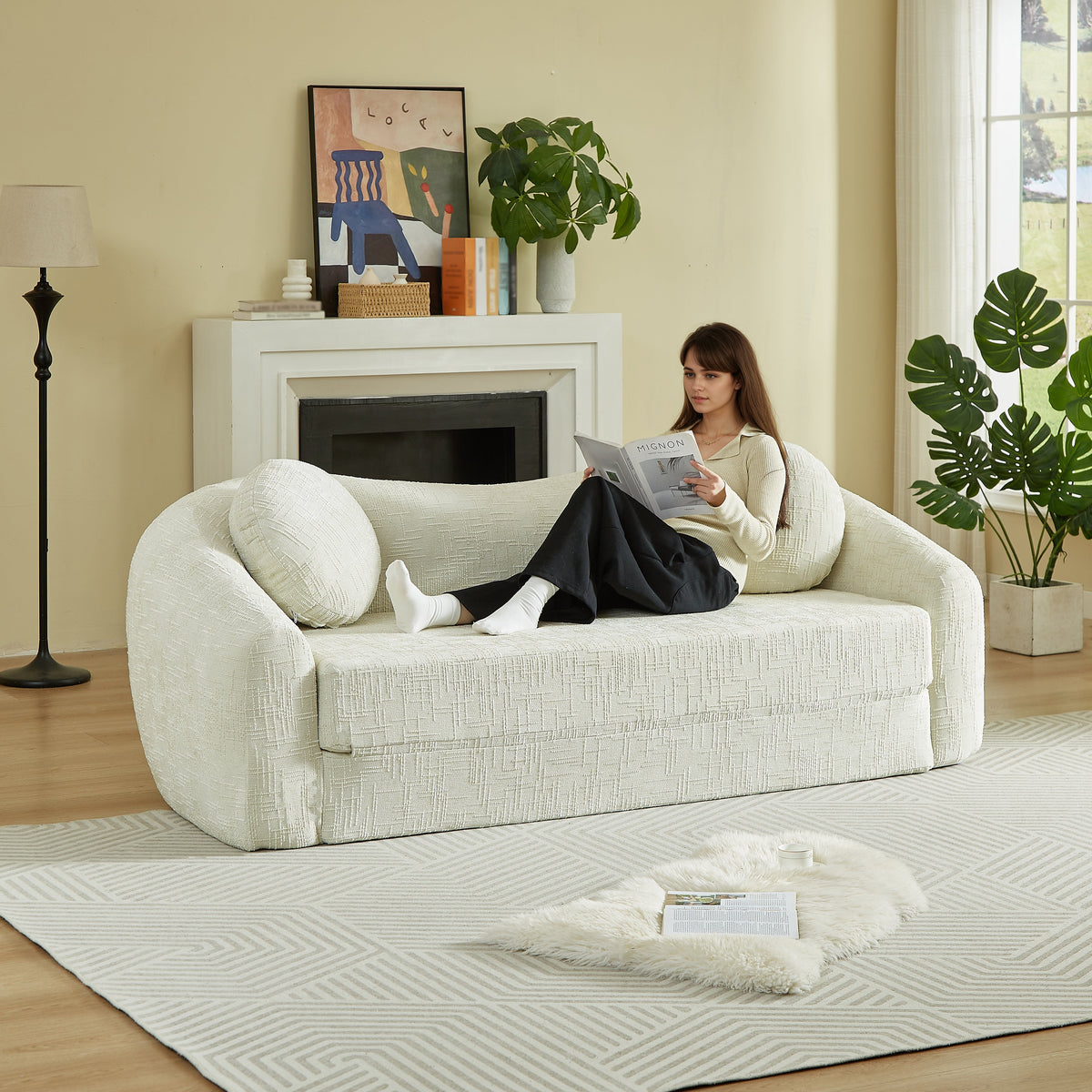 86 Inch Curved Chenille Sofa Bed and Recliner