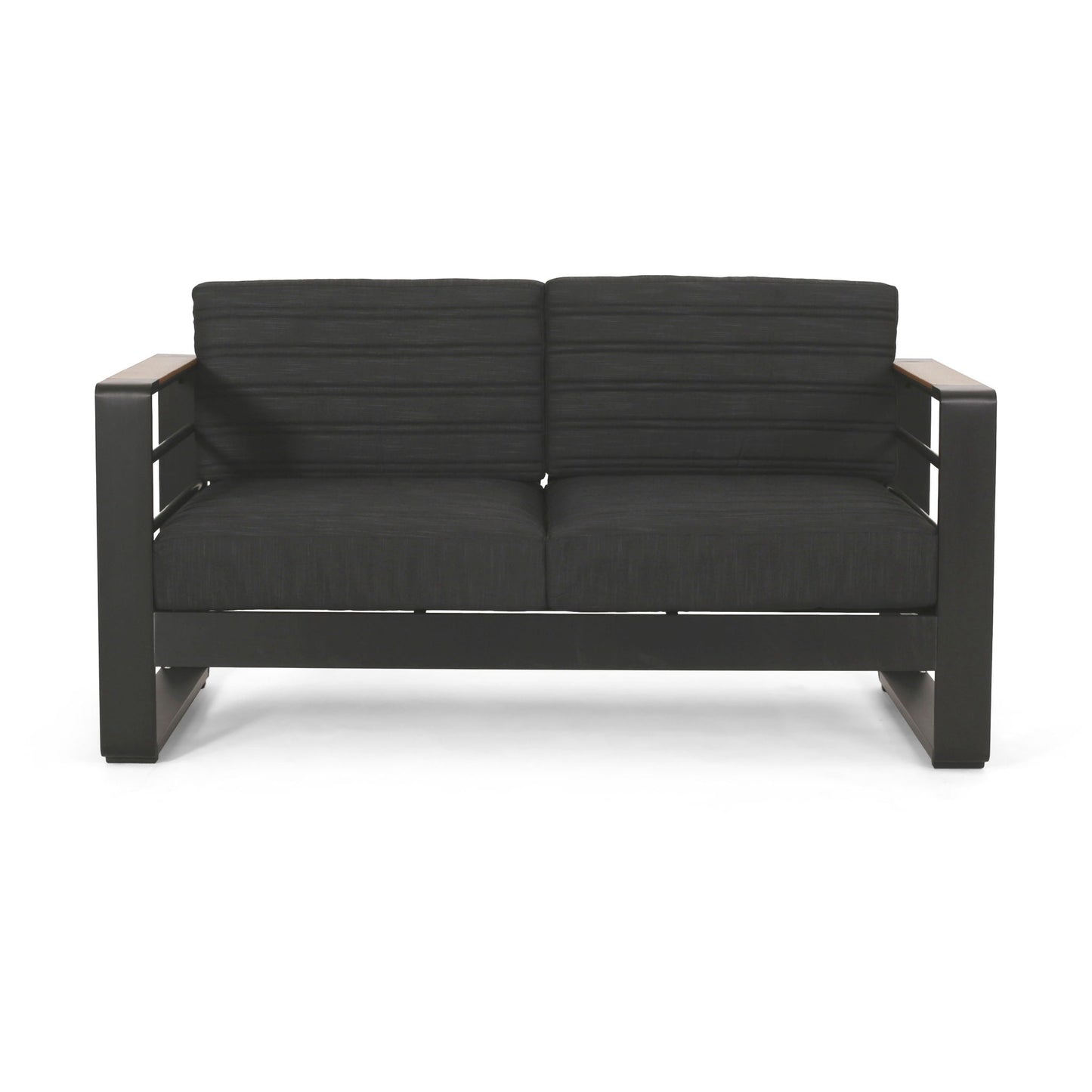 HouseOfZazla black aluminum frame loveseat with slat paneling and wood armrests on Tampa Home & Garden Store