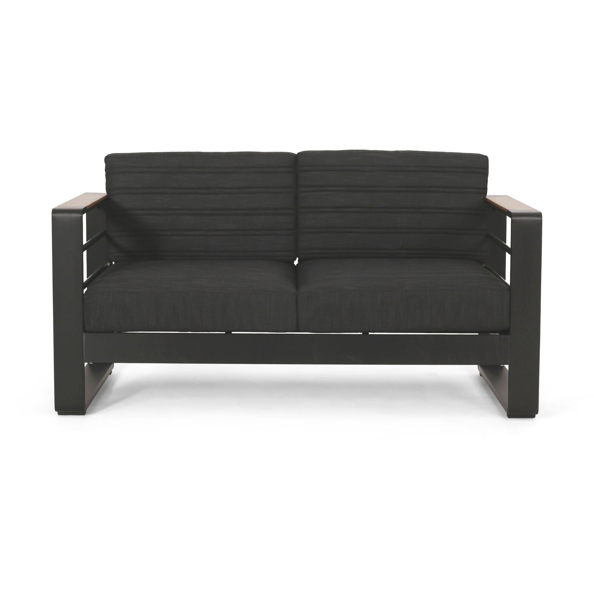 HouseOfZazla black aluminum frame loveseat with slat paneling and wood armrests on Tampa Home & Garden Store