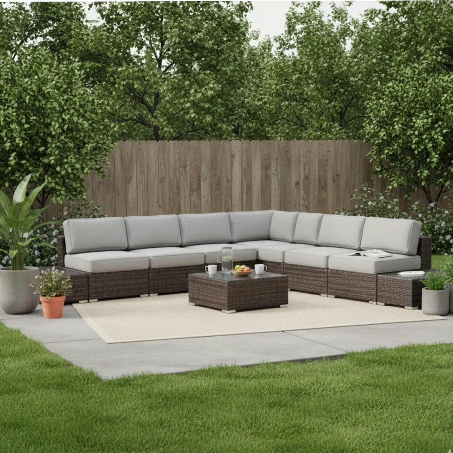 Wicker sectional seating group with cushions, 4-piece outdoor set brown wicker gray cushions on Tampa Home & Garden Store