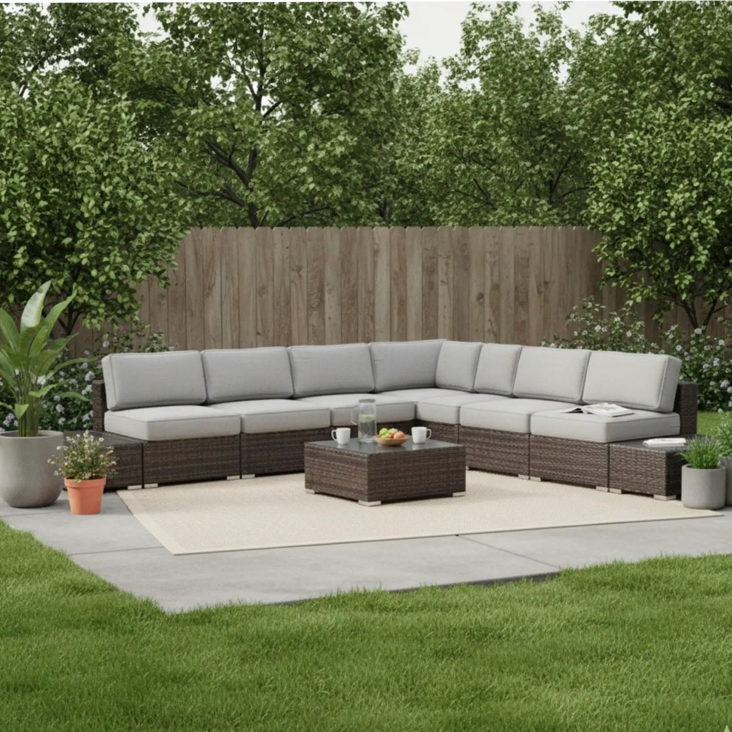Wicker sectional seating group with cushions, 4-piece outdoor set brown wicker gray cushions on Tampa Home & Garden Store