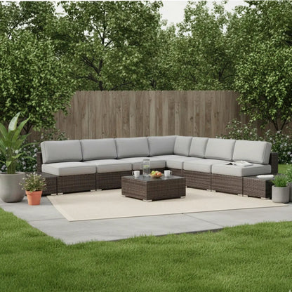 Wicker sectional seating group with cushions, 4-piece outdoor set brown wicker gray cushions on Tampa Home & Garden Store