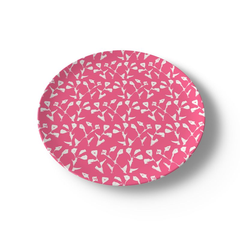 Hot pink Genevieve china plates with white scattered motif by Erin Donahue Tice on Tampa Home & Garden Store