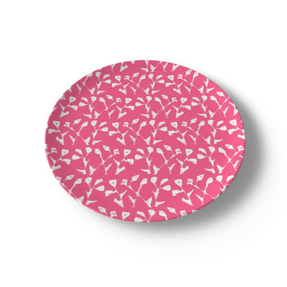 Hot pink Genevieve china plates with white scattered motif by Erin Donahue Tice on Tampa Home & Garden Store