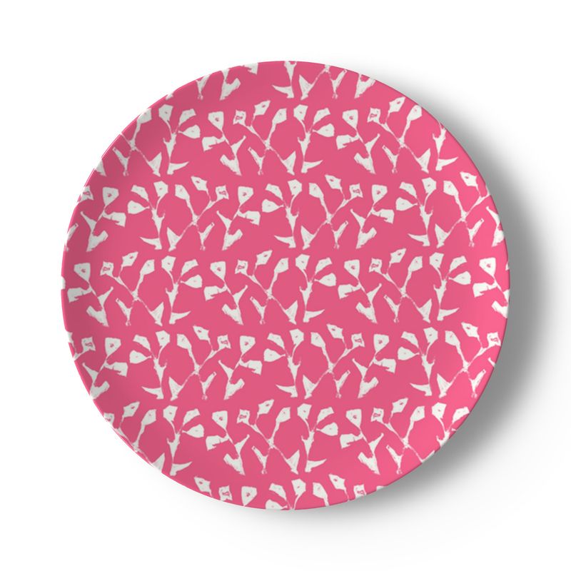 Genevieve china plate hot pink with white abstract motif by Erin Donahue Tice on Tampa Home & Garden Store