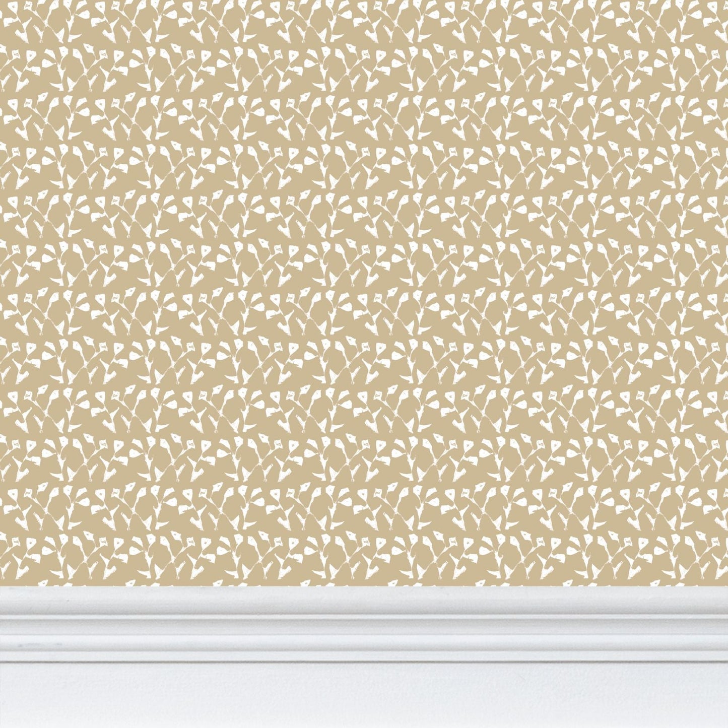 Genevieve Wallpaper Linen repeat pattern in warm beige with white motifs by Erin Donahue Tice on Tampa Home & Garden Store