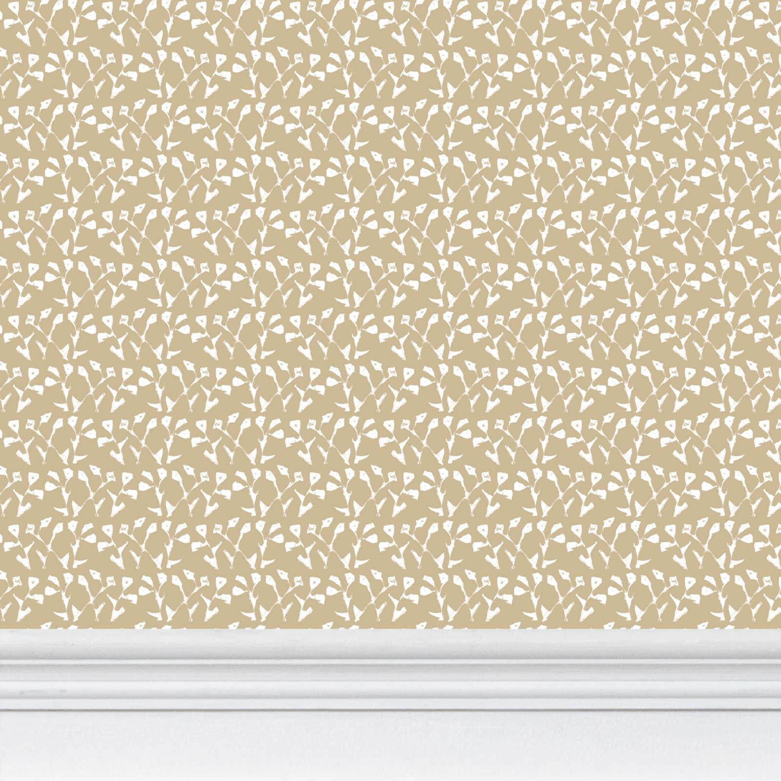 Genevieve Wallpaper Linen repeat pattern in warm beige with white motifs by Erin Donahue Tice on Tampa Home & Garden Store