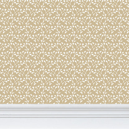 Genevieve Wallpaper Linen repeat pattern in warm beige with white motifs by Erin Donahue Tice on Tampa Home & Garden Store