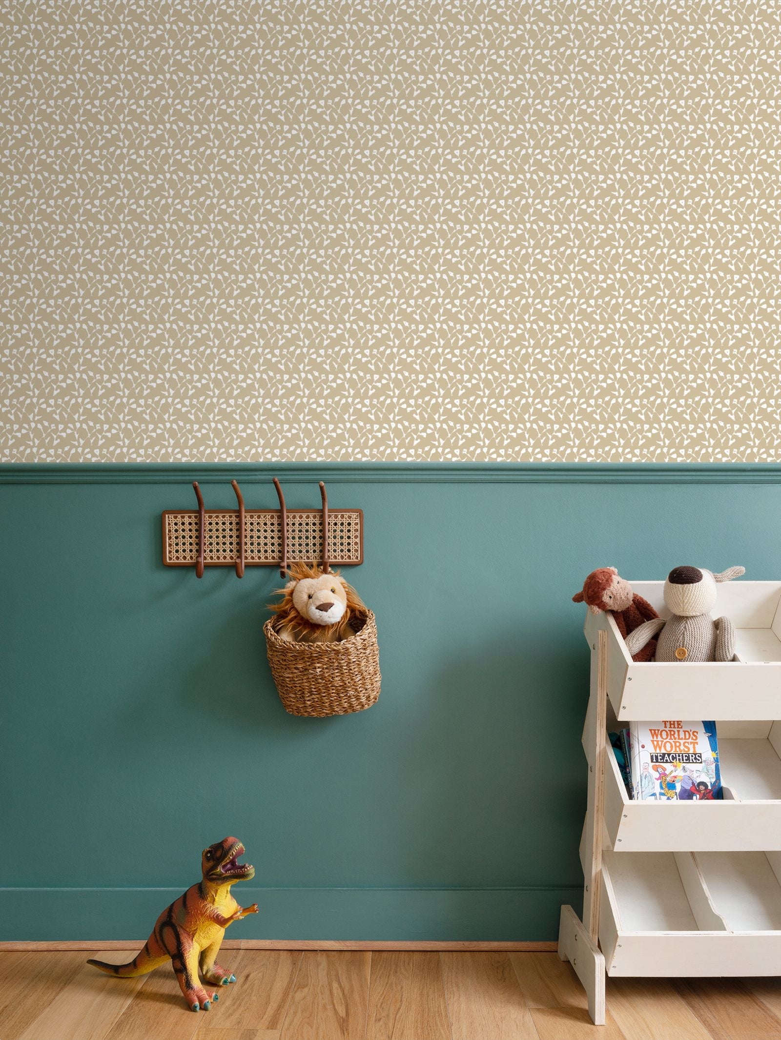 Genevieve Wallpaper (Linen) repeat pattern in warm beige with cream motifs by Erin Donahue Tice on Tampa Home & Garden Store