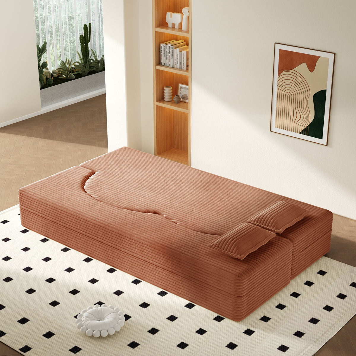 Modern floor futon sofa by HouseOfZazla with 2 pillows, terracotta fabric twin-size on Tampa Home & Garden Store