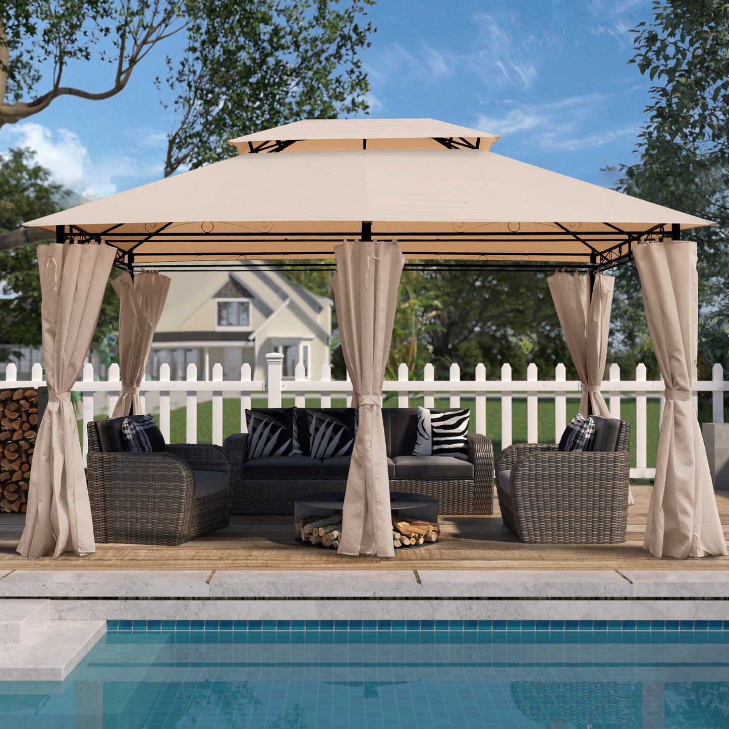 Khaki outdoor patio gazebo canopy with ventilated double roof and beige curtains, wicker seating on Tampa Home & Garden Store
