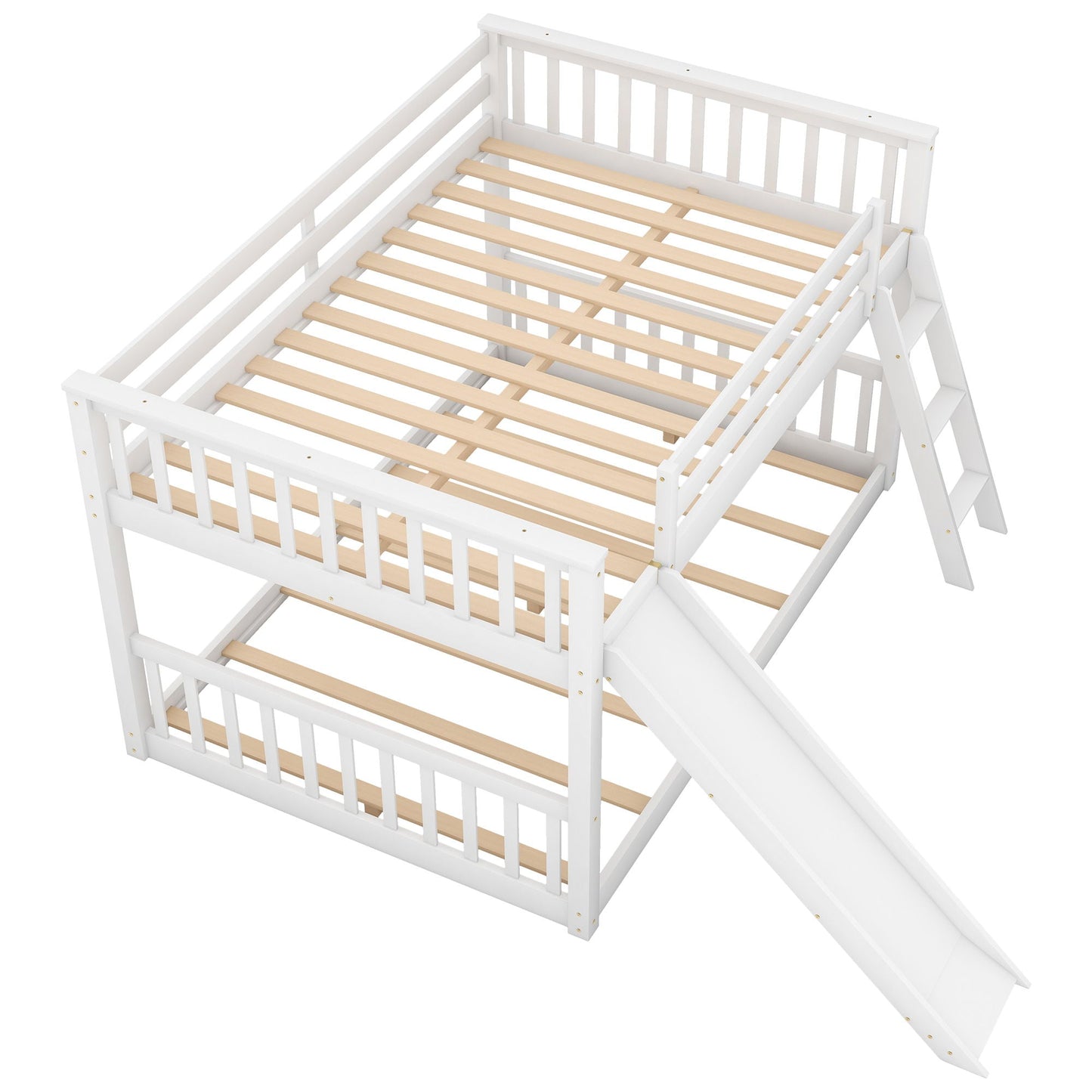 Bunk bed with convertible slide and ladder, white frame, light wood slats HouseOfZazla on Tampa Home & Garden Store