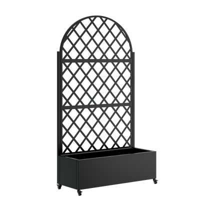Round black metal planter box with diamond lattice trellis on wheeled base by HouseOfZazla on Tampa Home & Garden Store