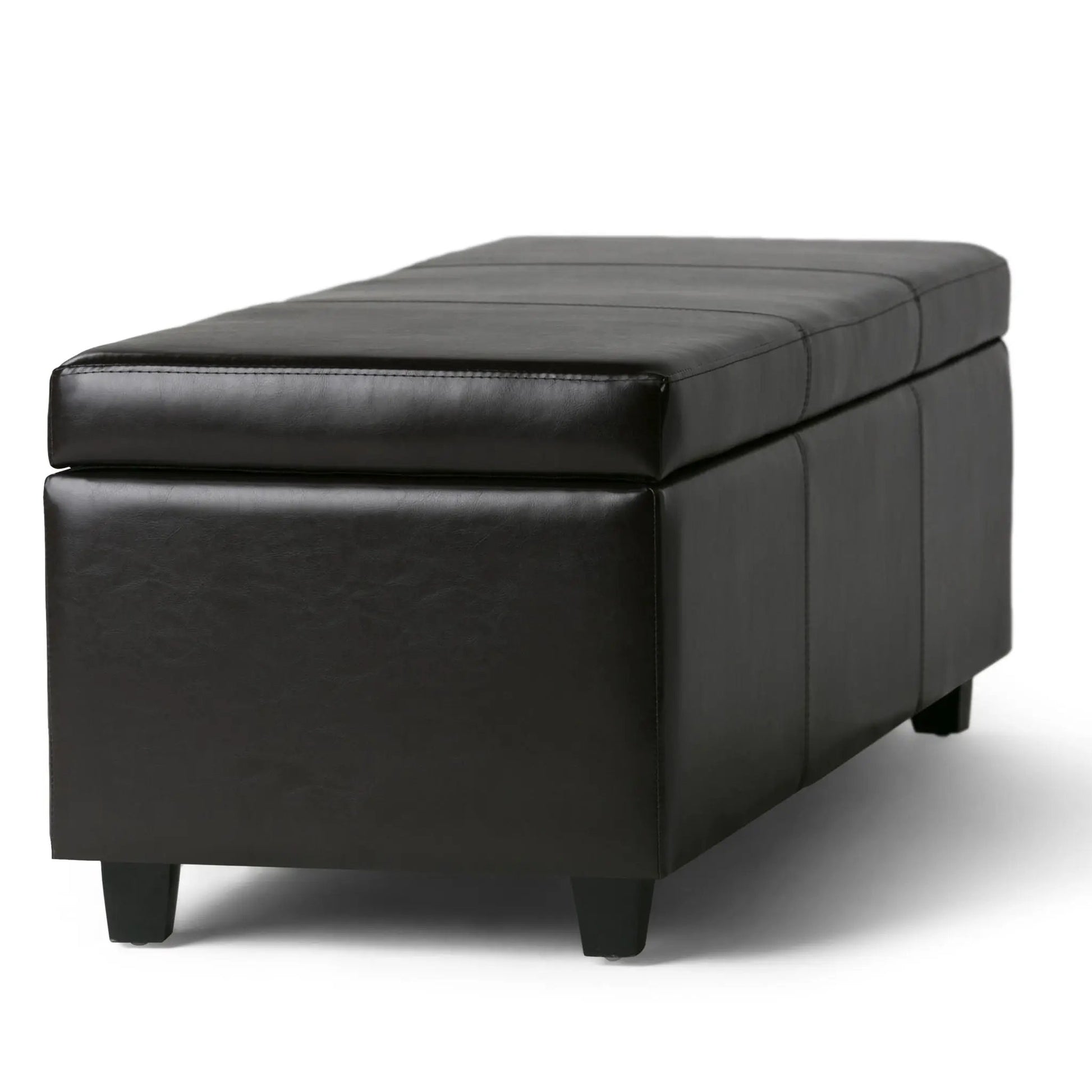 Avalon black leather storage ottoman bench with stitched panels and square legs on Tampa Home & Garden Store