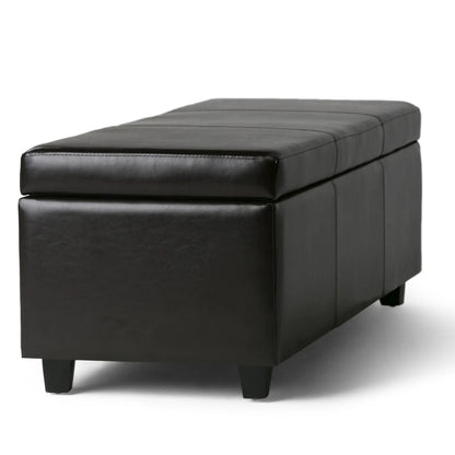 Avalon black leather storage ottoman bench with stitched panels and square legs on Tampa Home & Garden Store