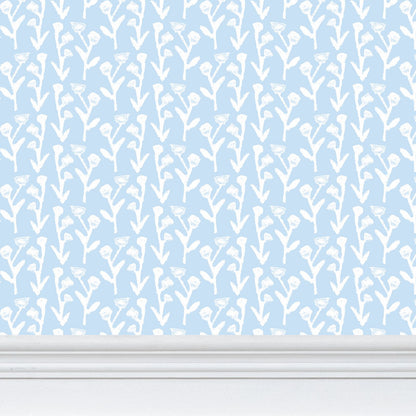 Ivy Manor Wallpaper Bluebird pattern with blue background and white botanical motif on Tampa Home & Garden Store