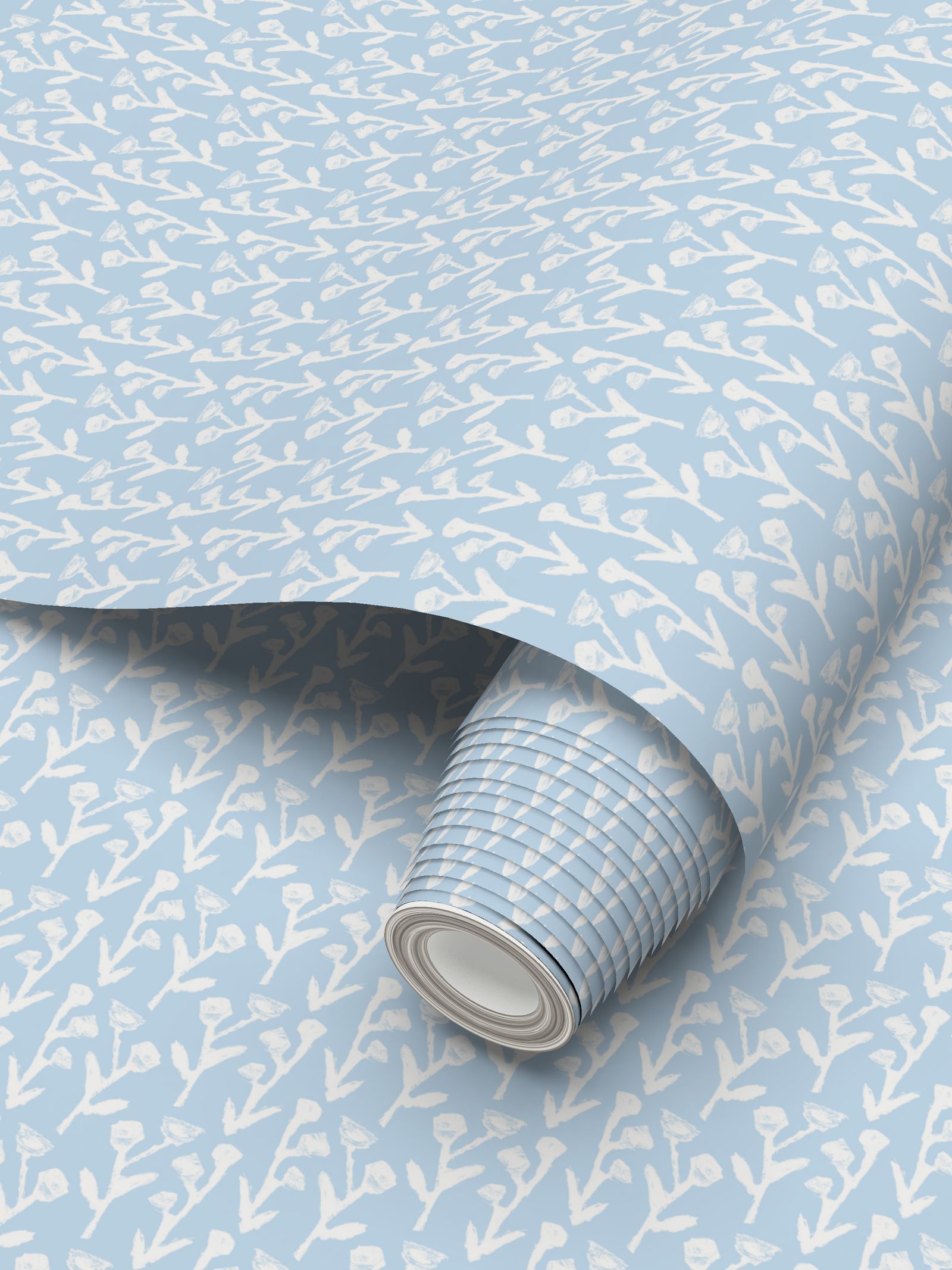 Ivy Manor Wallpaper Bluebird by Erin Donahue Tice, light blue with white brush motifs on Tampa Home & Garden Store