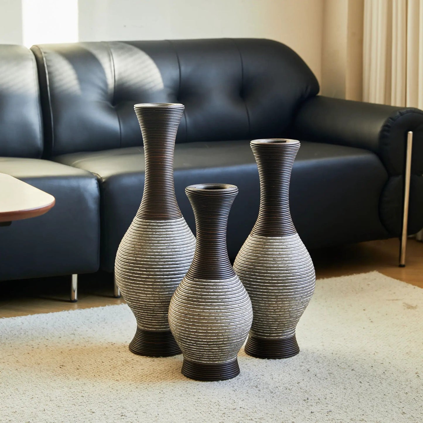 Tall designer floor vase set of three, ribbed two-tone ceramic in brown and cream on Tampa Home & Garden Store