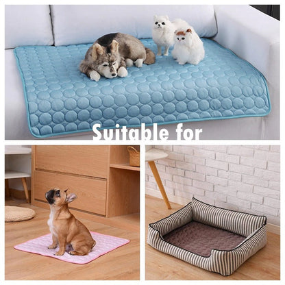 Dog cooling mat set: blue circular-quilted mat on sofa, pink mat for small dogs, striped pet bed on Tampa Home & Garden Store